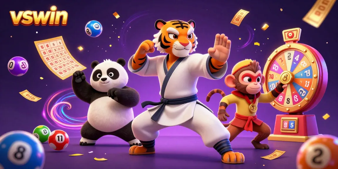Experience the excitement of vswin with thrilling lottery elements and dynamic characters in a colorful casino environment.