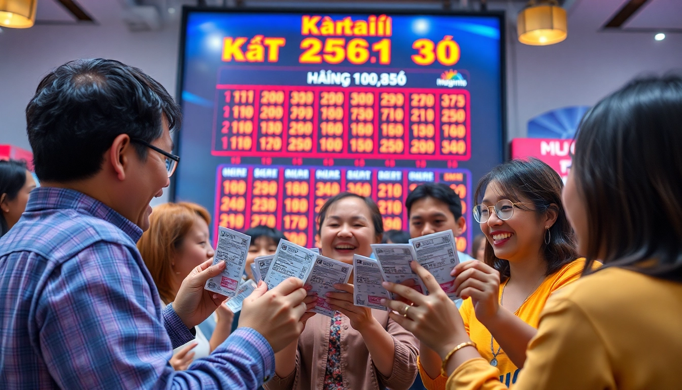 Kết quả xổ số excitement captured with diverse players joyfully checking tickets against a digital screen.
