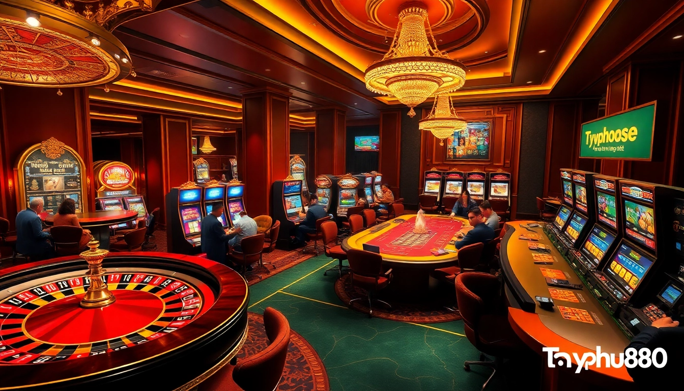 Action-packed casino scene featuring Typhu88 branding with players winning at tables and slots.