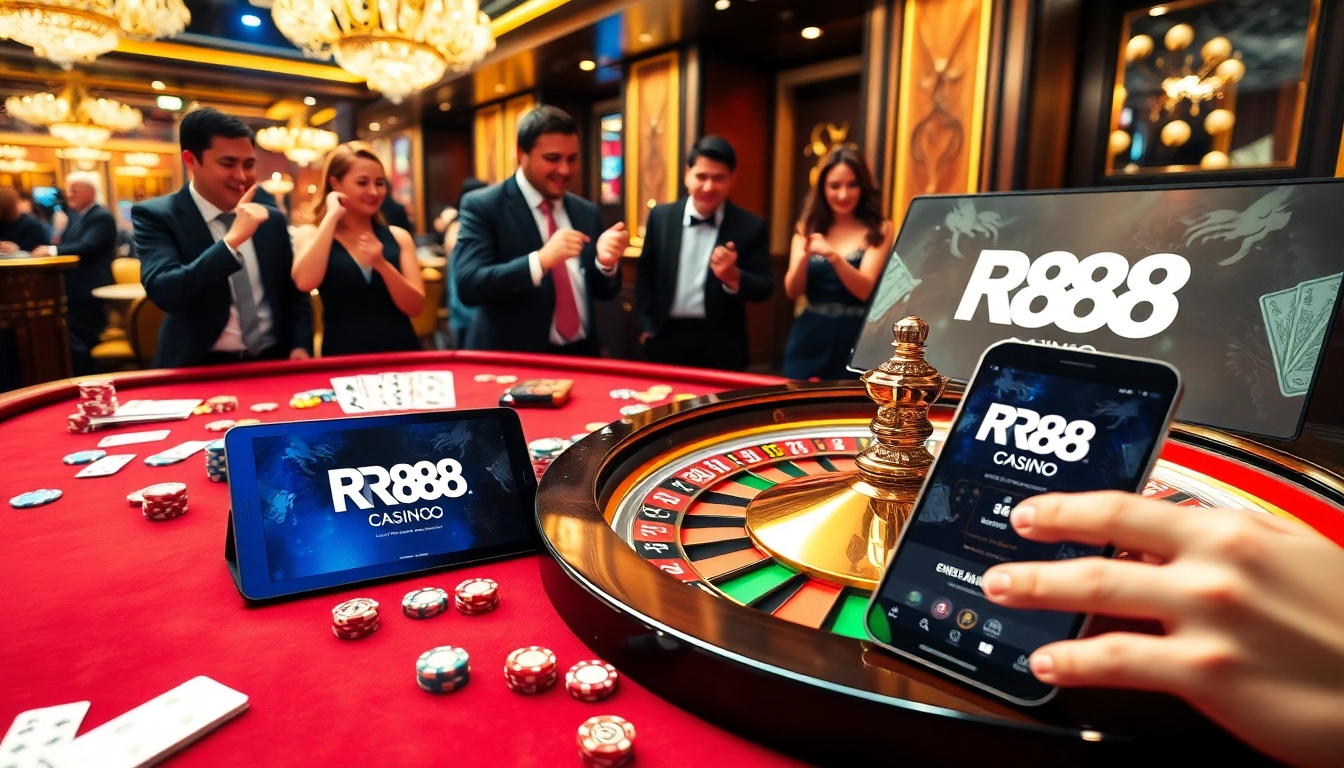 Experience the excitement of RR88 with a luxurious casino scene full of poker chips and a roulette wheel.