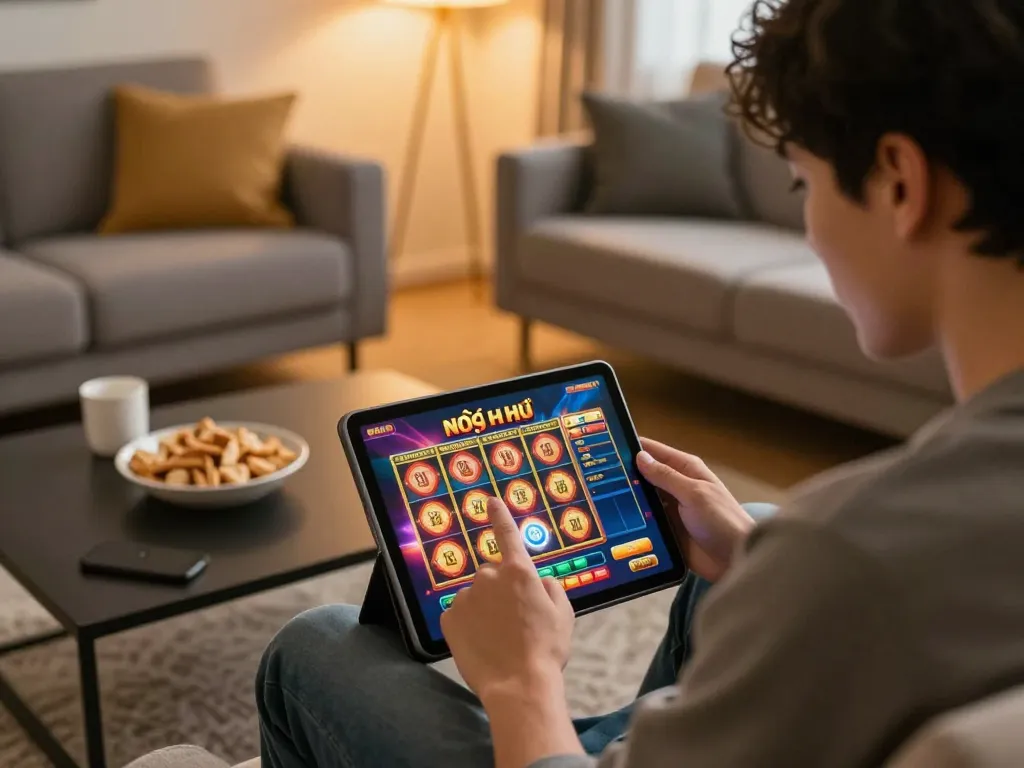 Nổ hũ gameplay on a tablet in a cozy living room, showcasing excitement and strategic engagement.