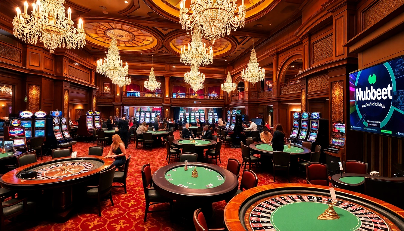 Mubet symbolizes a high-stakes casino scene with players engaged at poker tables and vibrant slot machines.