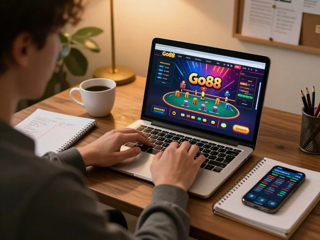 Engaging player interacting with Go88 online casino, showcasing immersive gameplay experience at home.