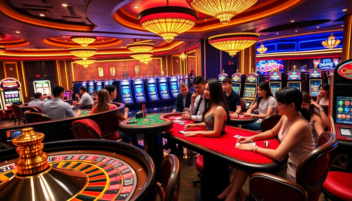 Experience the thrill of CM88's vibrant casino scene with poker tables and neon slot machines.