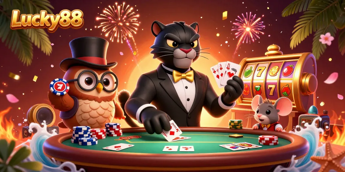 Engage in exciting gameplay with Lucky88's vibrant 3D casino illustration featuring stylish characters and casino elements.