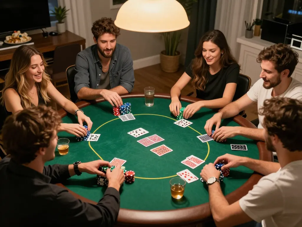 nk88 poker night with friends around a colorful chip-stacked table, excitement in the air