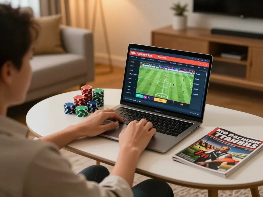 Engaging online gaming session focusing on kèo nhà cái with a cozy home setup