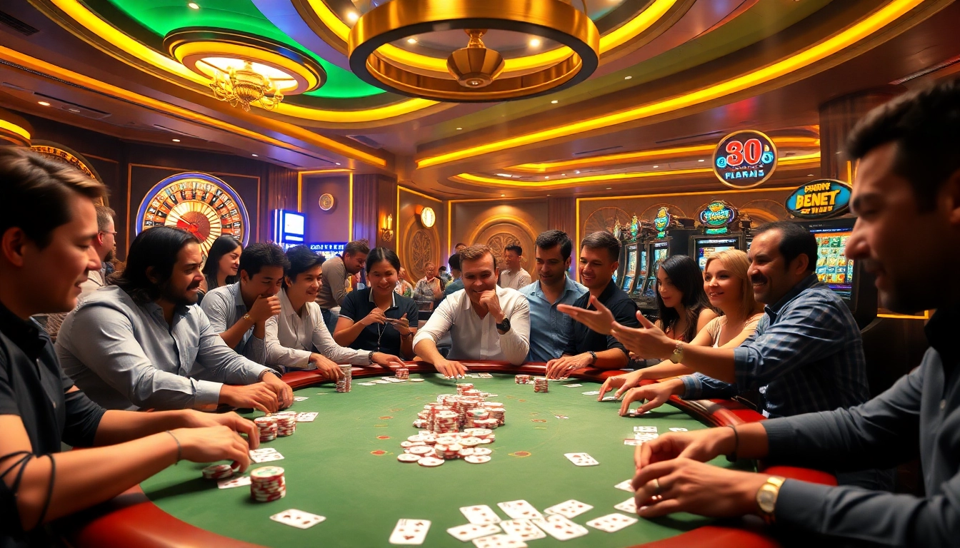Players enjoying poker at a luxury casino, highlighting link 8kbet in a vibrant setting.