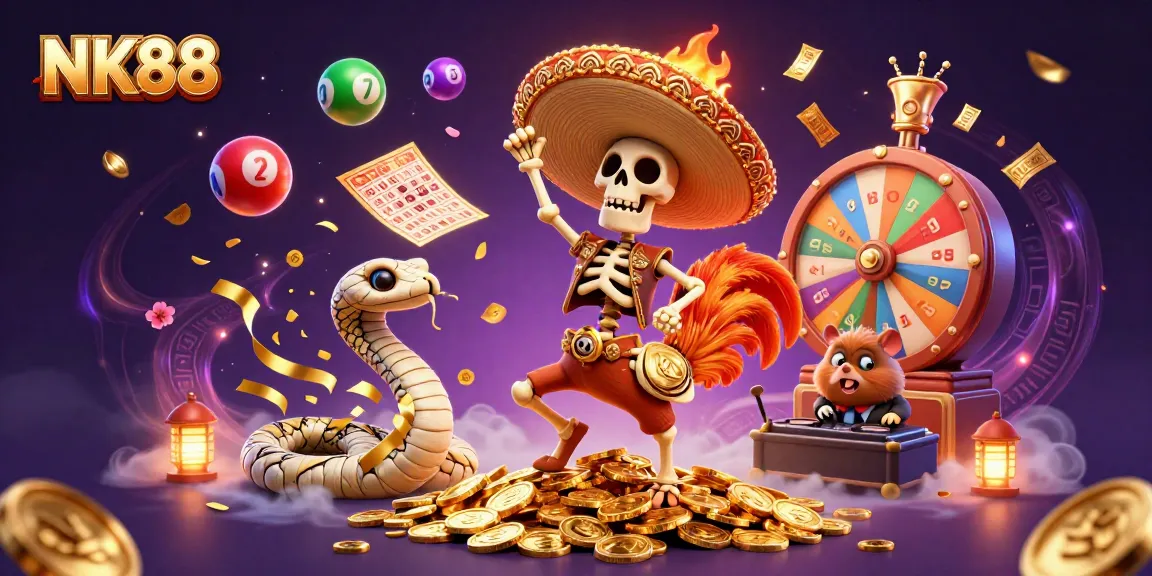 NK88 celebrates winnings with a lively 3D cartoon scene filled with golden coins and gaming elements.