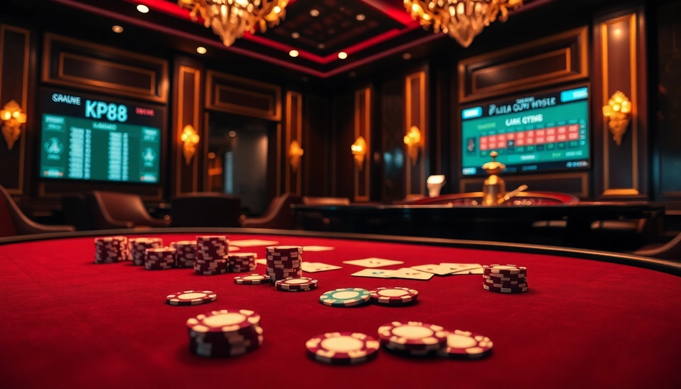 Exciting poker game at KP88 casino with vibrant chips and illuminated ambiance.