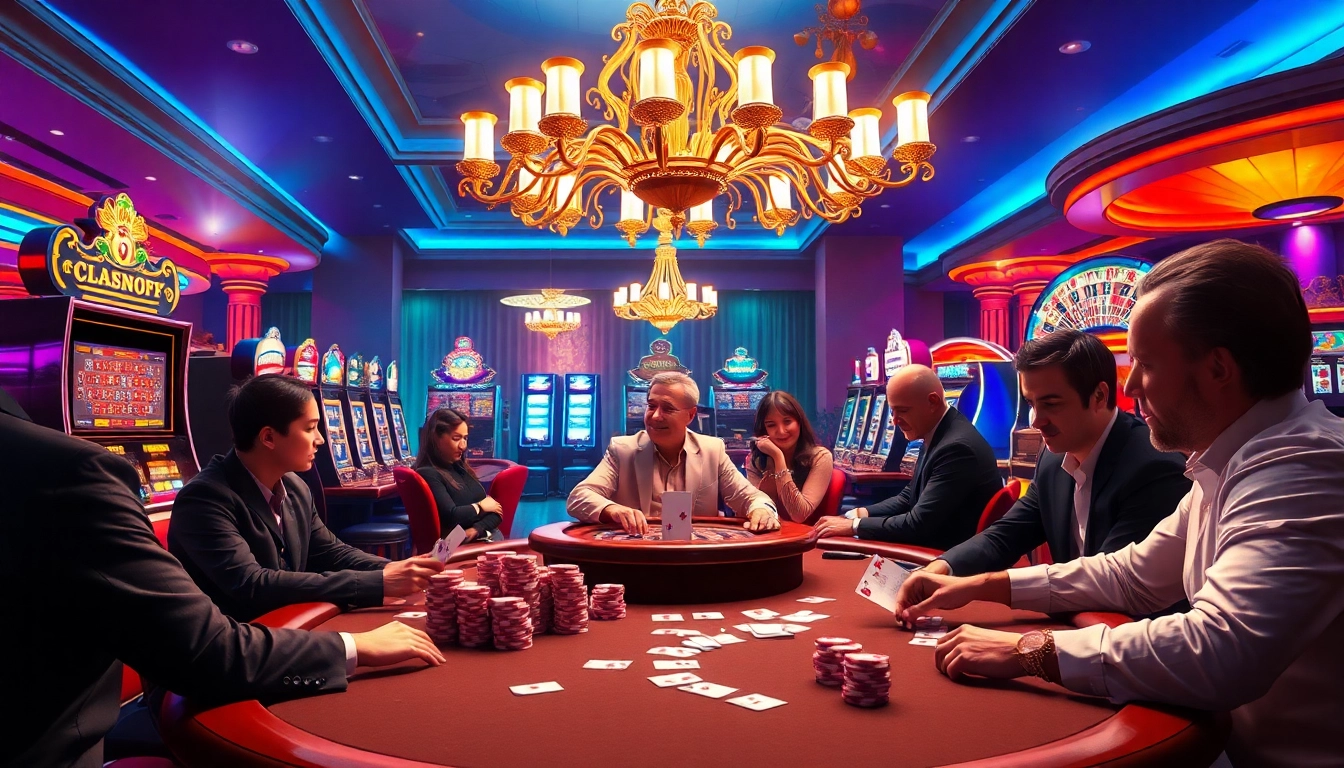 Engaged gamblers at a lively poker table in a luxurious casino reflecting nhà cái uy tín.