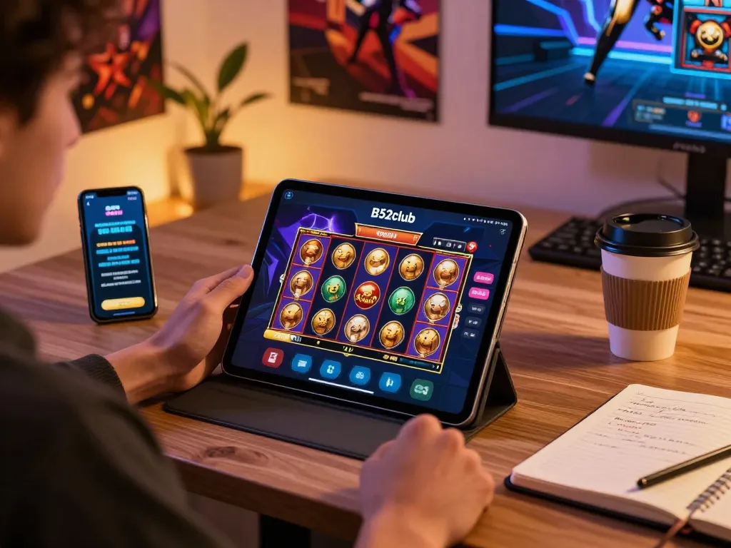 B52club user engaging with mobile casino slots on a tablet, showcasing a lively home gaming environment.