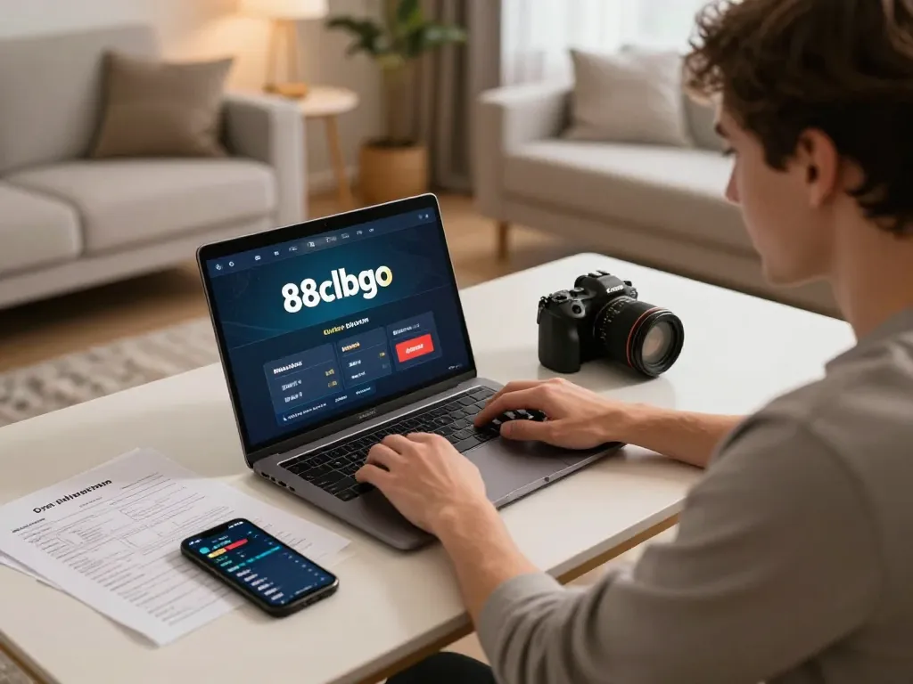 Player engaging in online gaming on 88clbgo platform with strategic notes and smartphone, cozy home setup.