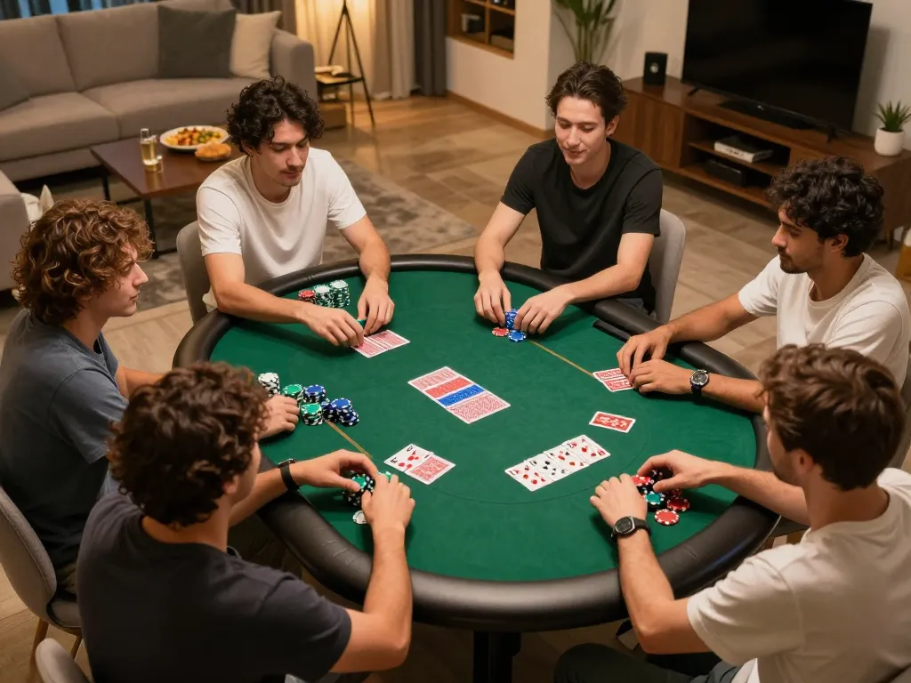 Friends enjoying a lively poker game at home, showcasing the excitement of friendly competition while playing at BL555.