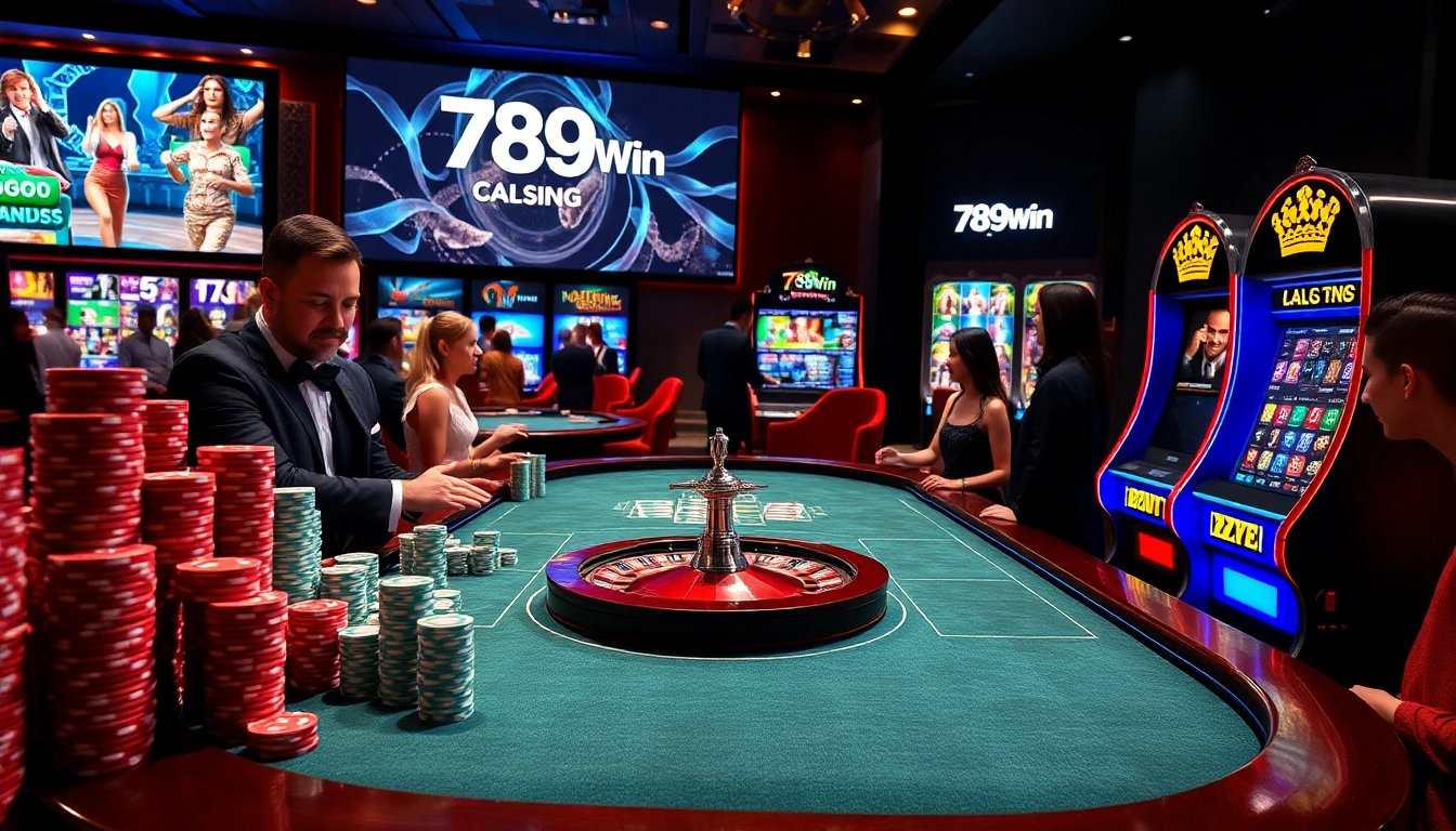Exciting casino scene highlighting 789Win gaming with dealers, poker chips, and roulette wheel