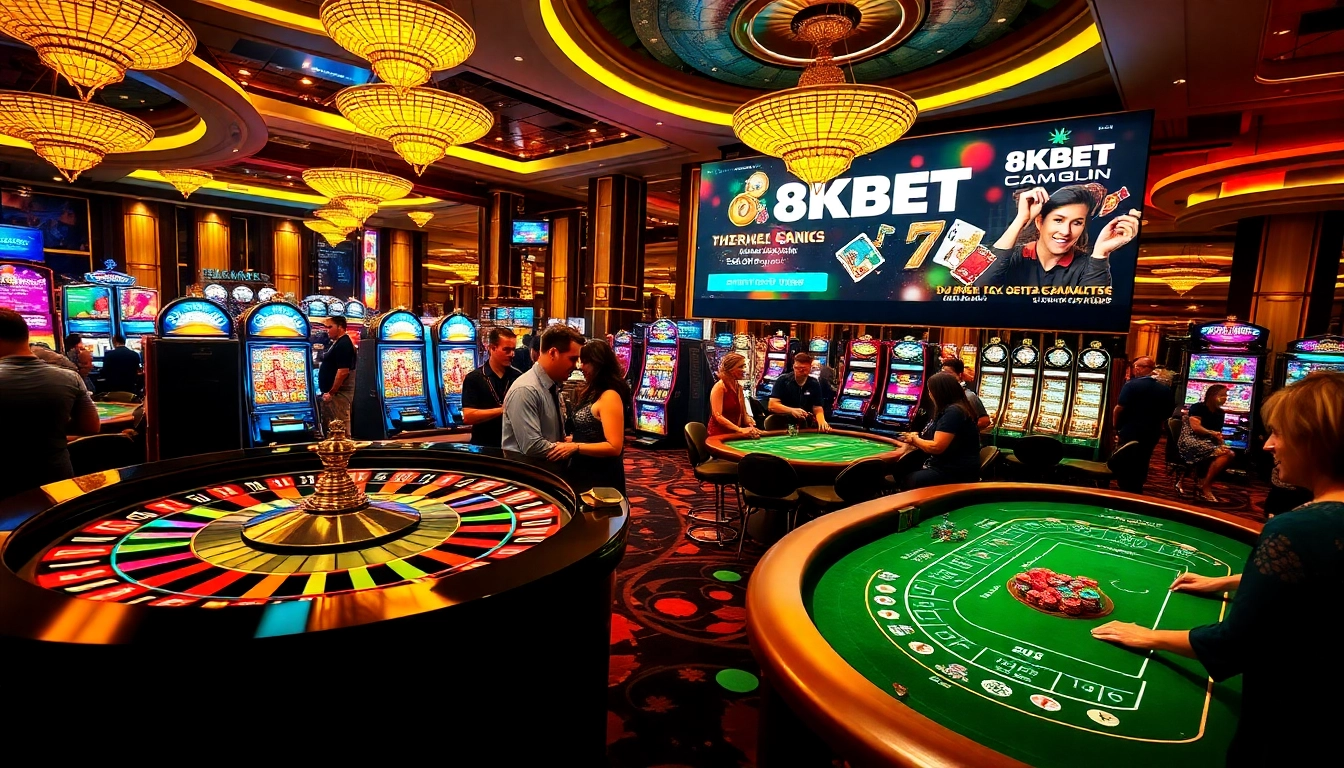 Players enjoying games at 8KBET's luxurious casino, showcasing excitement and strategy.