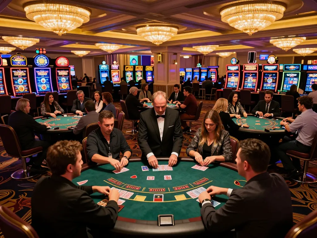 S666 players strategizing at a stunning blackjack table in a vibrant Las Vegas casino