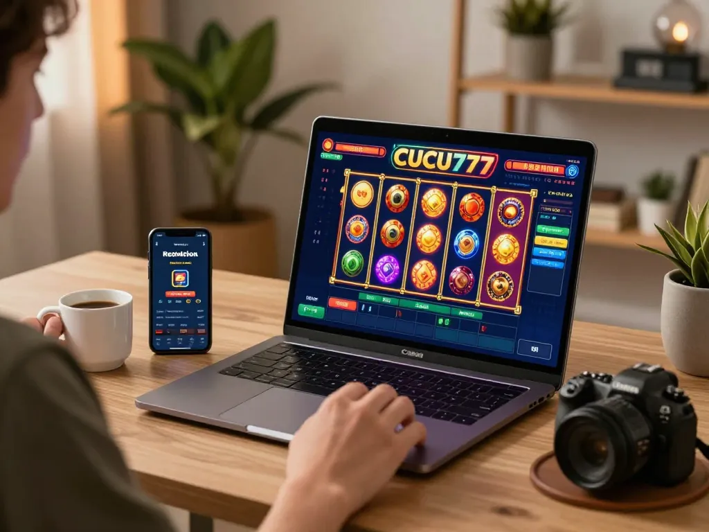 Play exciting games on cucu777 with a laptop displaying colorful slot reels and a smartphone for betting.