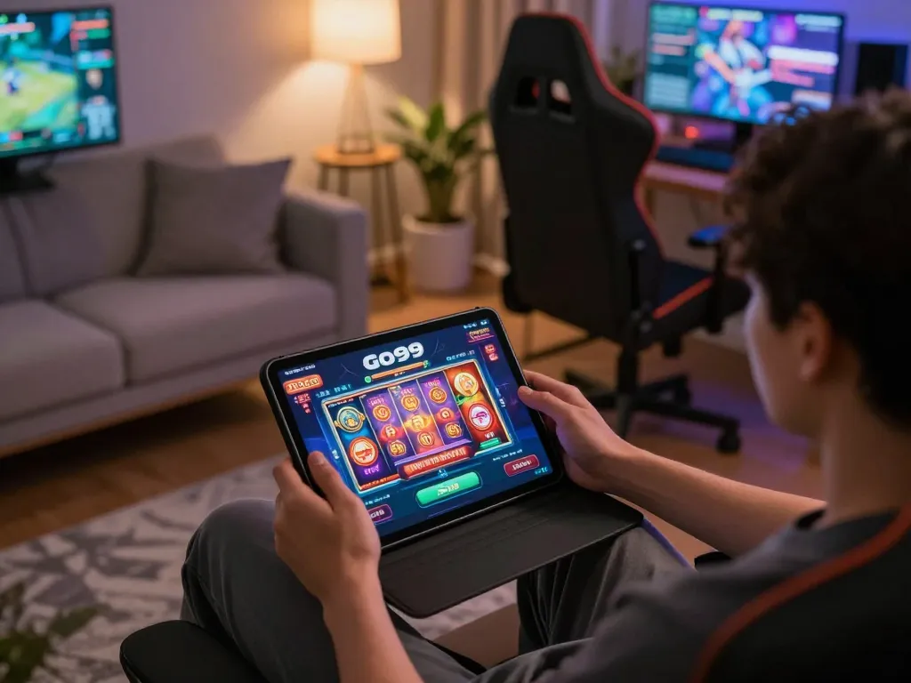 Experience thrilling gameplay with Go99 casino on a tablet, showcasing vibrant slot graphics.