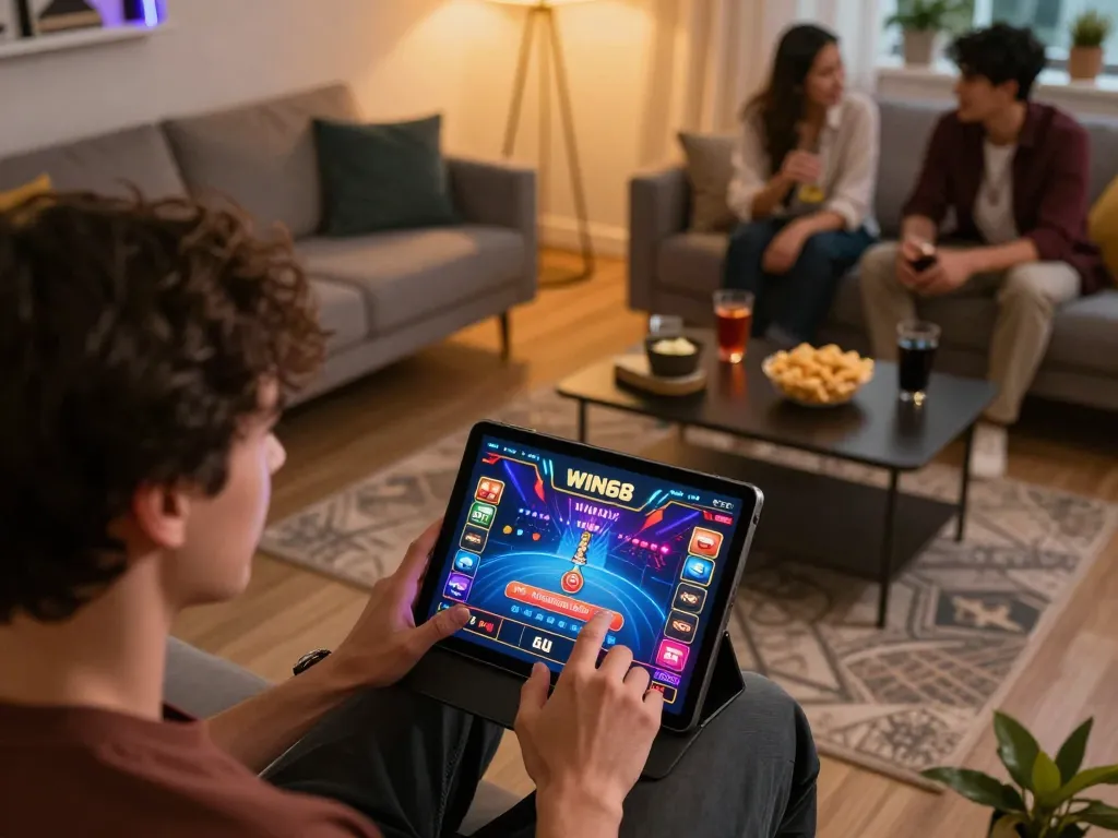 Engaging gameplay on the WIN68 app, surrounded by friends in a cozy living space.