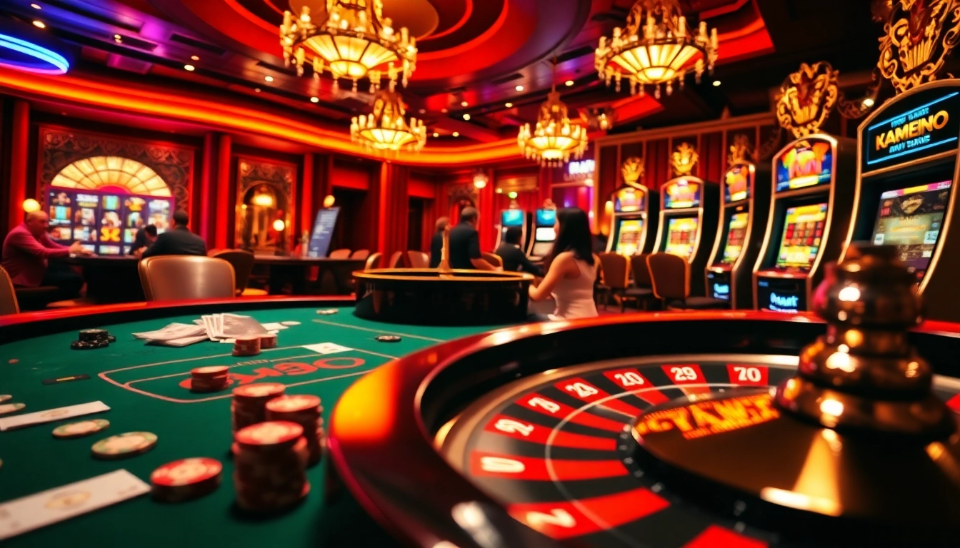 A thrilling gaming experience at https://kjc.football/ showcasing poker tables and slot machines in a vibrant casino.