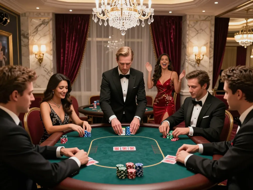 Players engage in a high-stakes poker game at LV88's luxurious VIP gaming room, showcasing intense strategy and excitement.