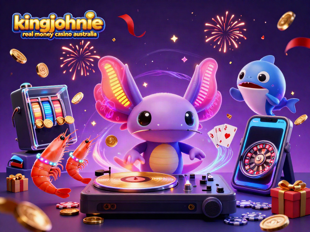 Join the fun at kingjohnnie real money casino australia with neon characters celebrating casino games.