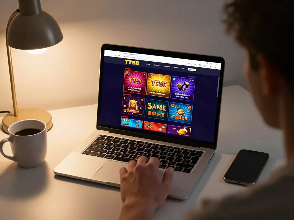 Person enjoying TT88 online casino gaming on a laptop at home with vibrant game display.