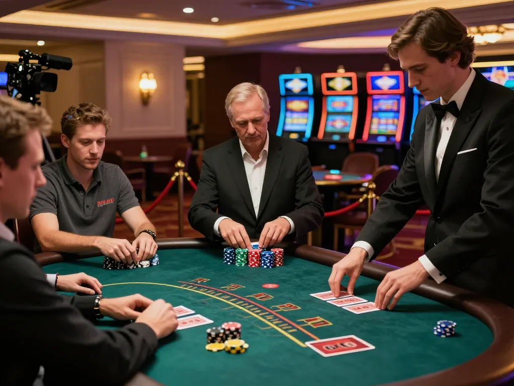 Players engaged in strategy at a man88 blackjack table, showcasing action and excitement in a vibrant casino.