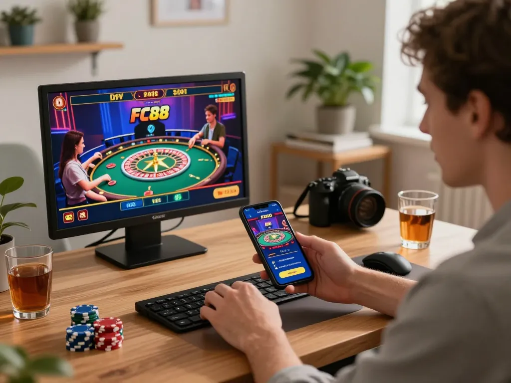 Engaging in an online FC88 live dealer game with smartphone in cozy home setting.