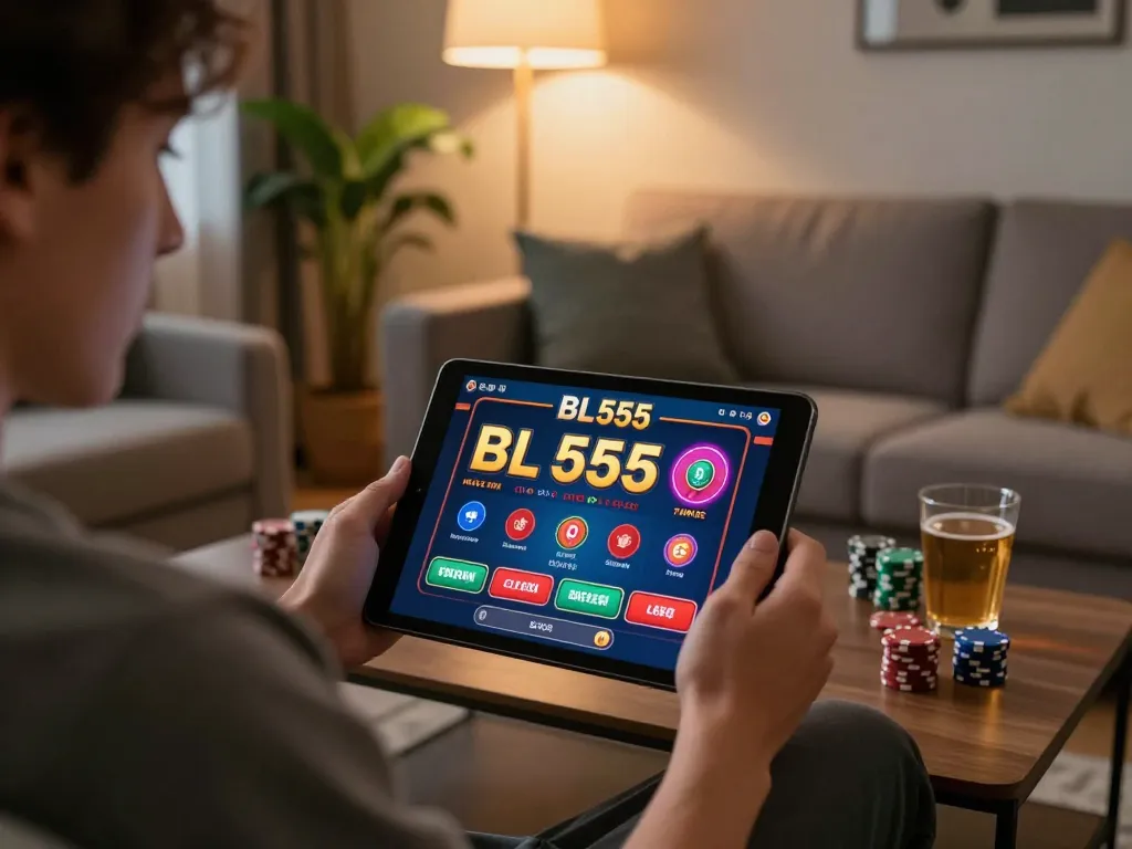 Player engaging with the BL555 online casino app on a tablet in a cozy home setting, showcasing responsible gaming.