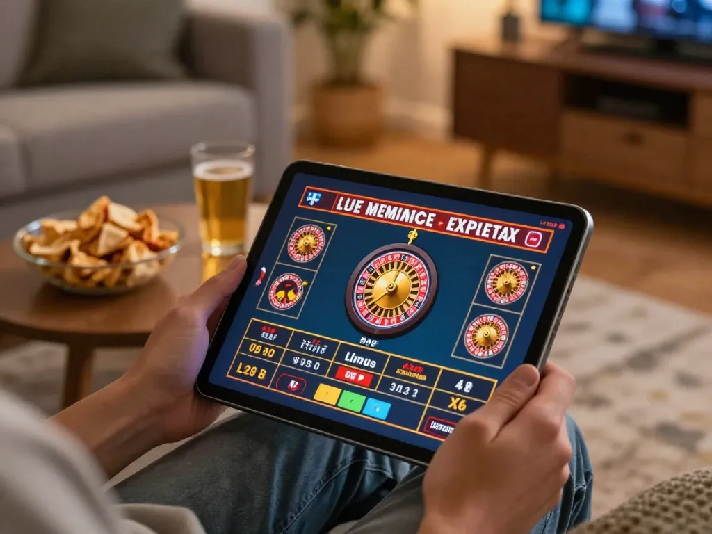 Engaging online gaming moment with a person using vin777 on a tablet to place bets.