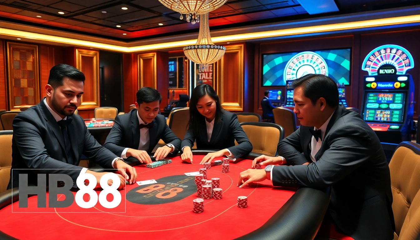 Players enjoy poker at an upscale HB88 casino table, showcasing excitement and strategy.