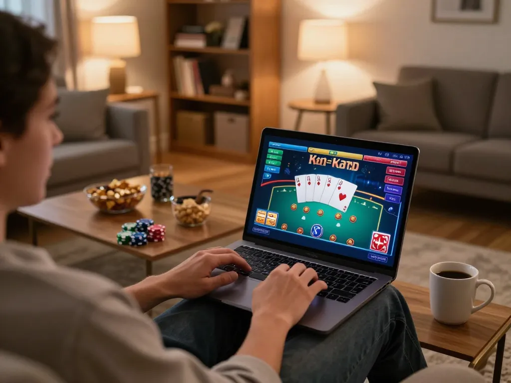 Engaging in online casino gameplay at home with https://tr88.pics/, showcasing lively poker action on the laptop