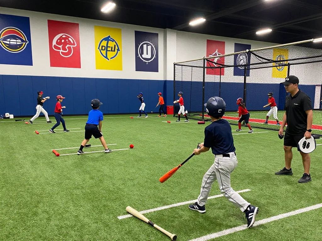 Youth players in hitclub practicing baseball drills in a vibrant training facility