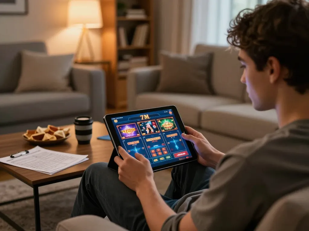 Player enjoying 7M online casino on tablet in cozy living room with strategic notes
