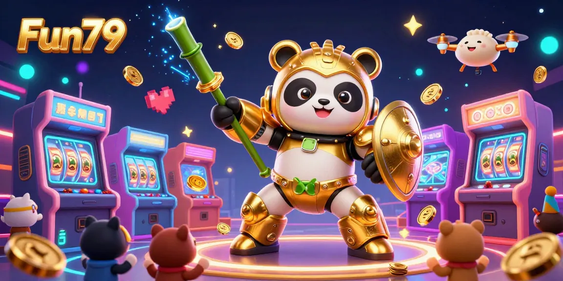 Experience thrilling gameplay at Fun79 with a golden panda in a mech suit amidst vibrant casino elements.