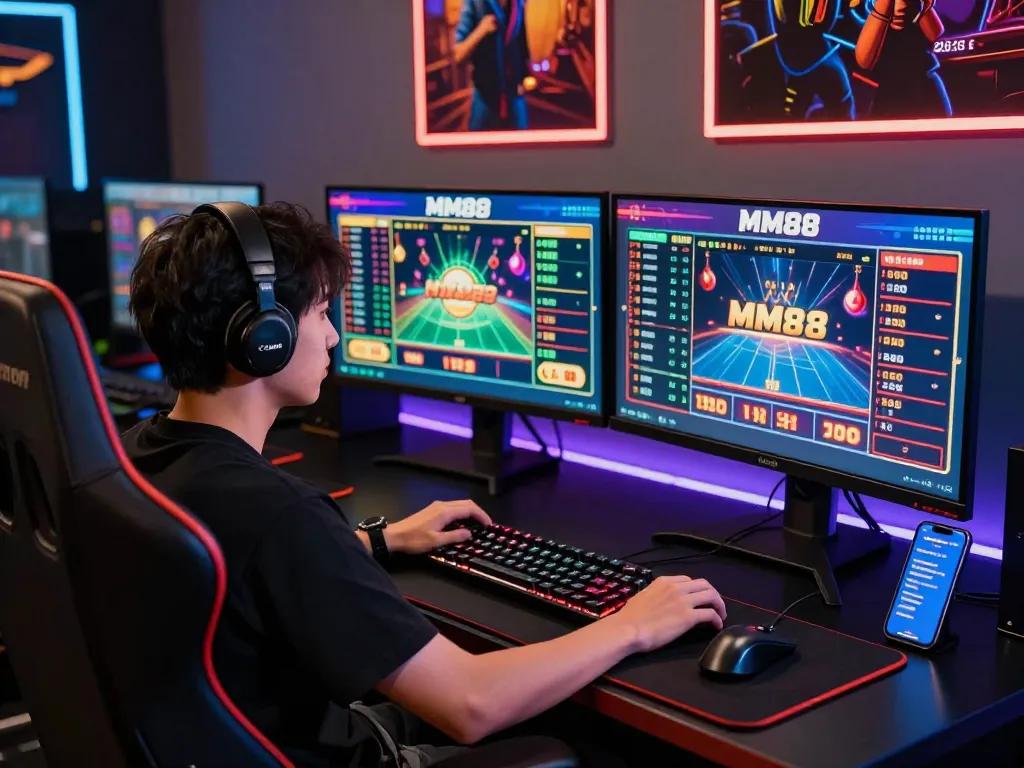 Engaged user experiencing MM88's online betting excitement in a vibrant gaming setup