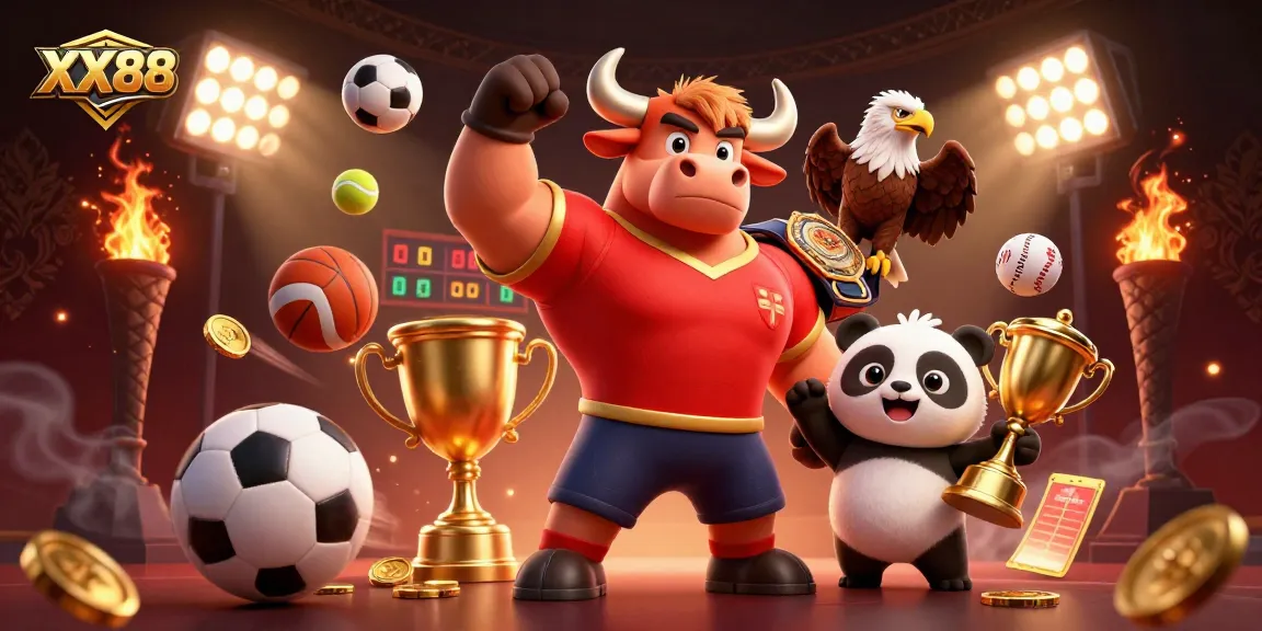 Experience the thrill of betting with XX88's dynamic gaming scene featuring champions and trophies.