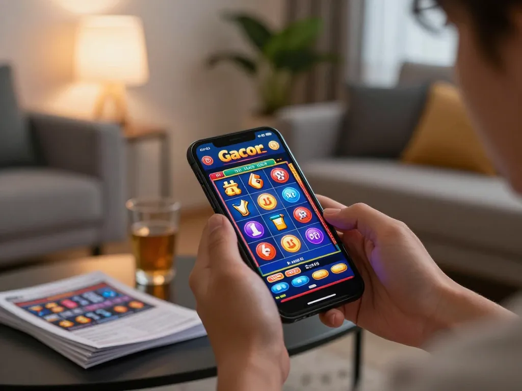Engaging moment of playing slot gacor game on a smartphone, showcasing winning potential in a cozy setting.