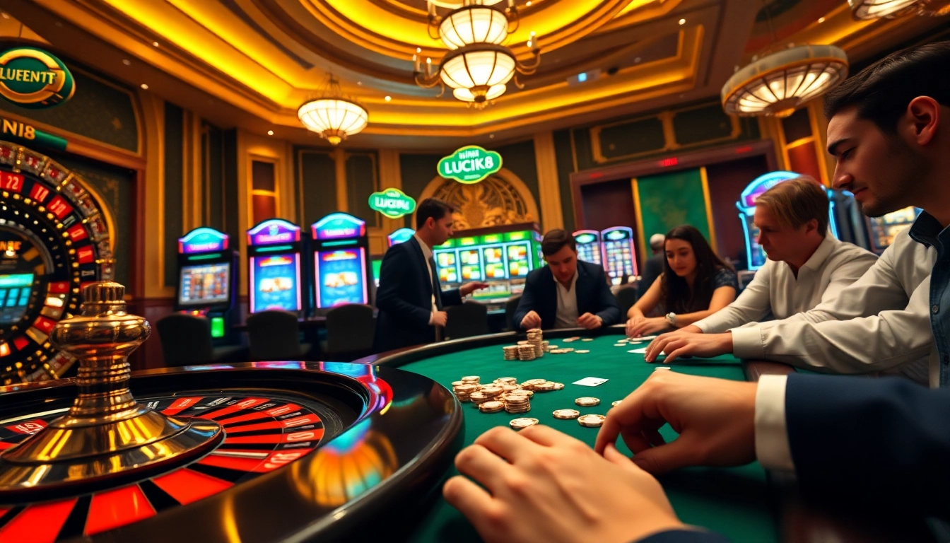 Players enjoying casino games with excitement around Link LUCK8 themed poker tables and roulette wheels.