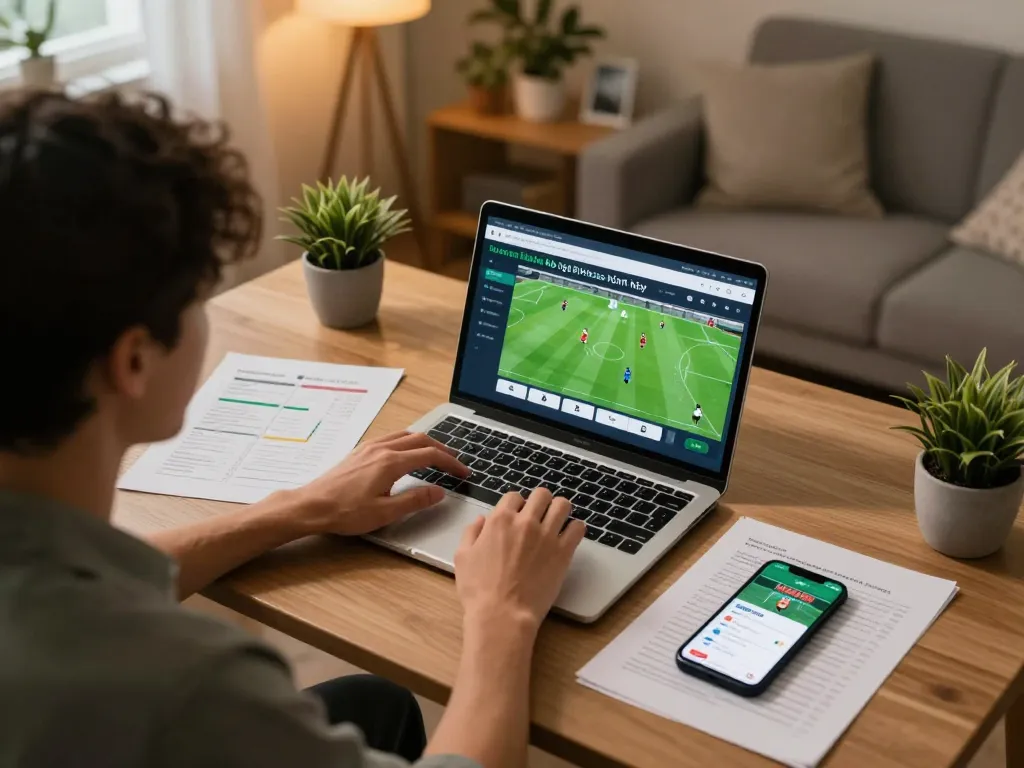 Engaging in online sports betting with kèo bóng đá hôm nay displayed on laptop, showcasing excitement and strategy.