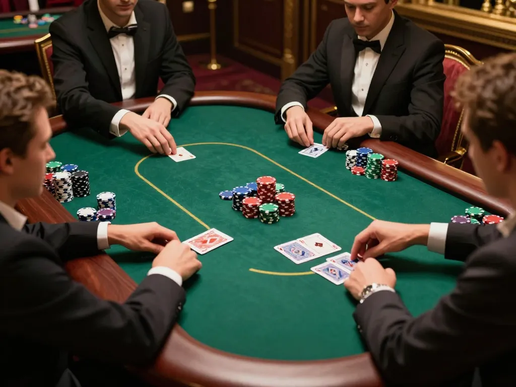 ww88 players engaged in intense poker action at a luxurious casino table.