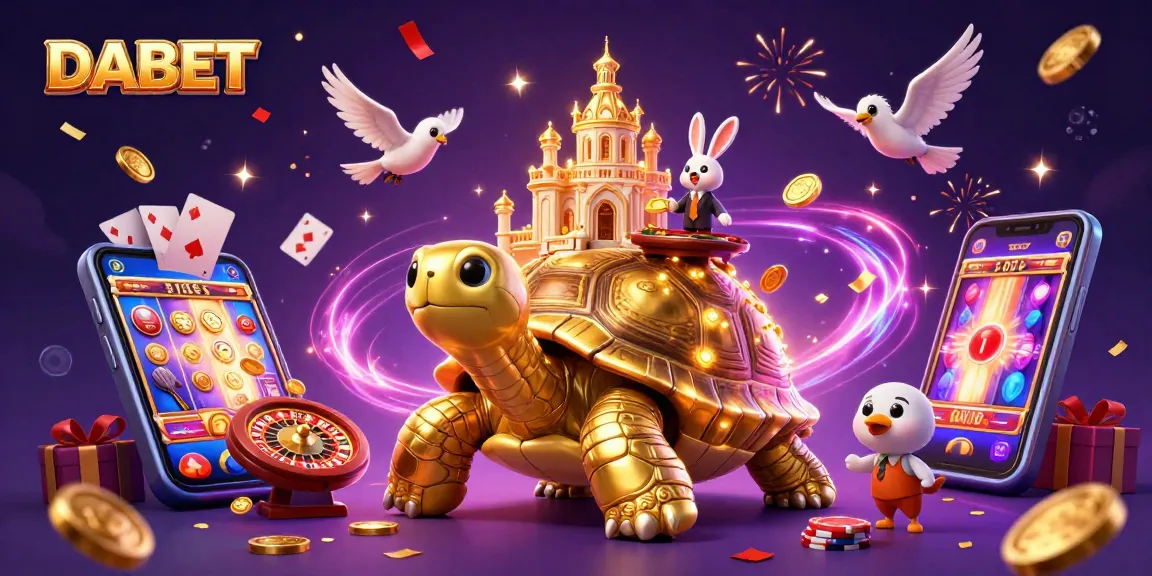 DABET showcases a dazzling illustration of a golden tortoise casino, featuring vibrant gaming elements.