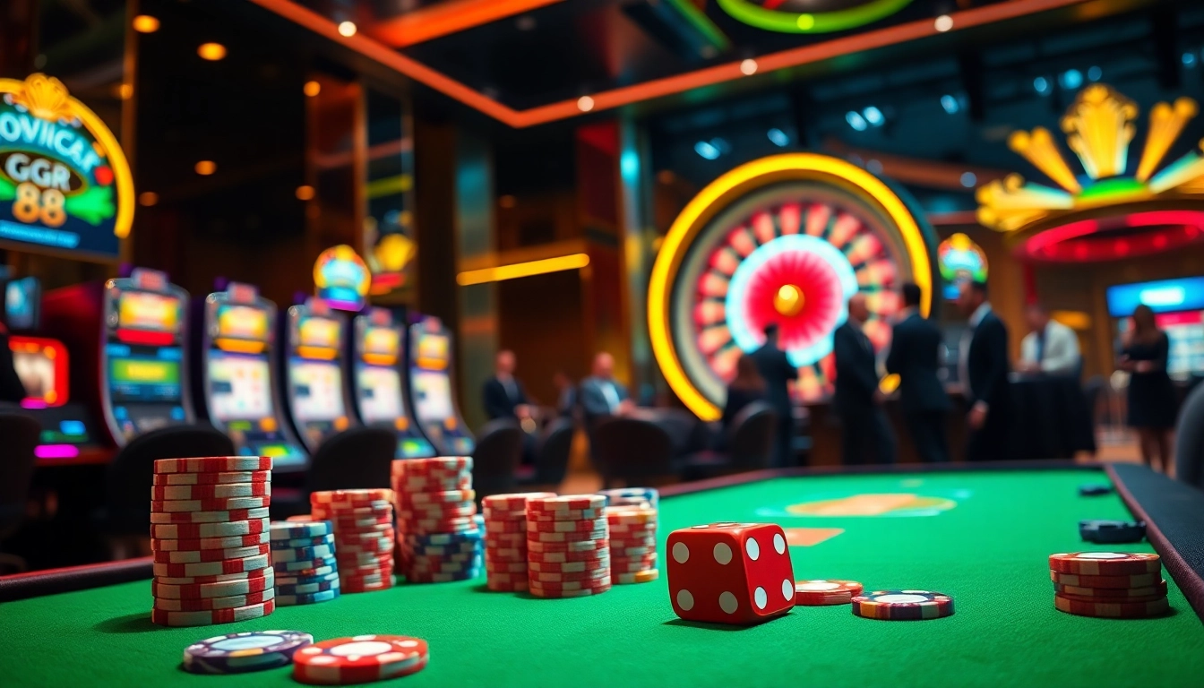 Experience the excitement of GG 88 with vibrant casino scenes featuring poker chips, dice, and slot machines.