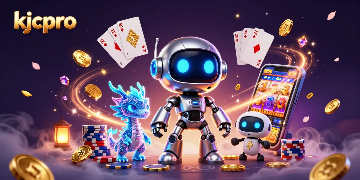 Win big with kjcpro as a cyberpunk robot mascot, AI dragon, and bitcoin drone amidst casino excitement