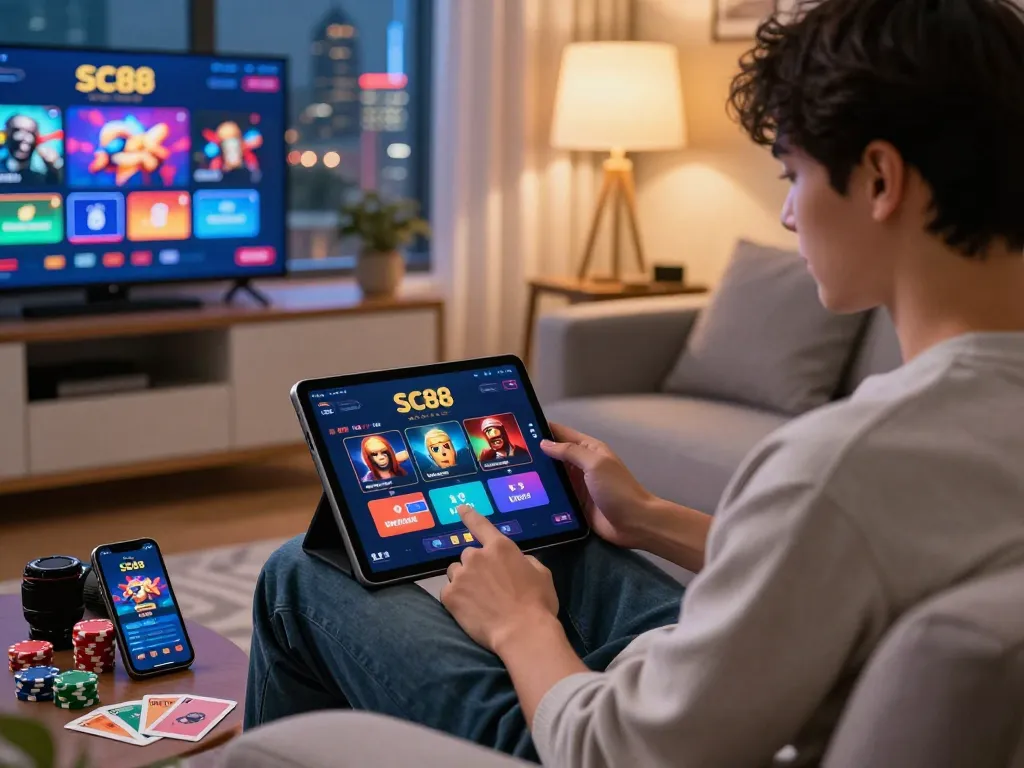 User engaging with the SC88 online betting platform on a tablet in a stylish living room.