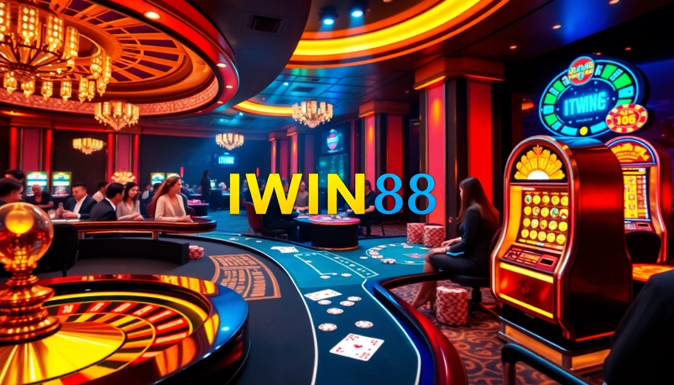 IWIN68 gaming excitement with roulette wheel and elegant poker tables in a luxurious casino setting.
