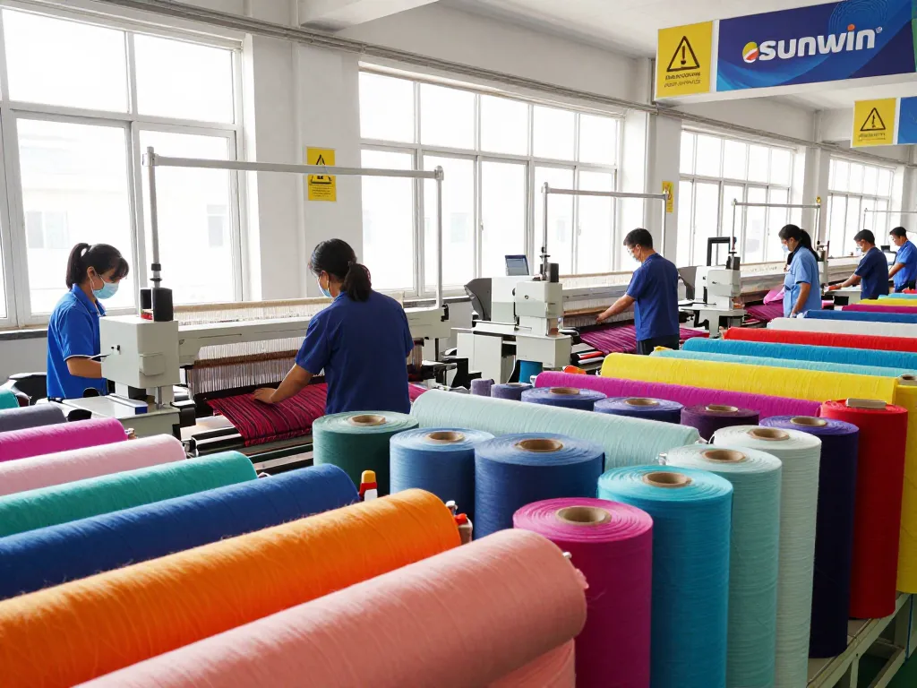 Sunwin textile manufacturing scene with workers and vibrant fabrics
