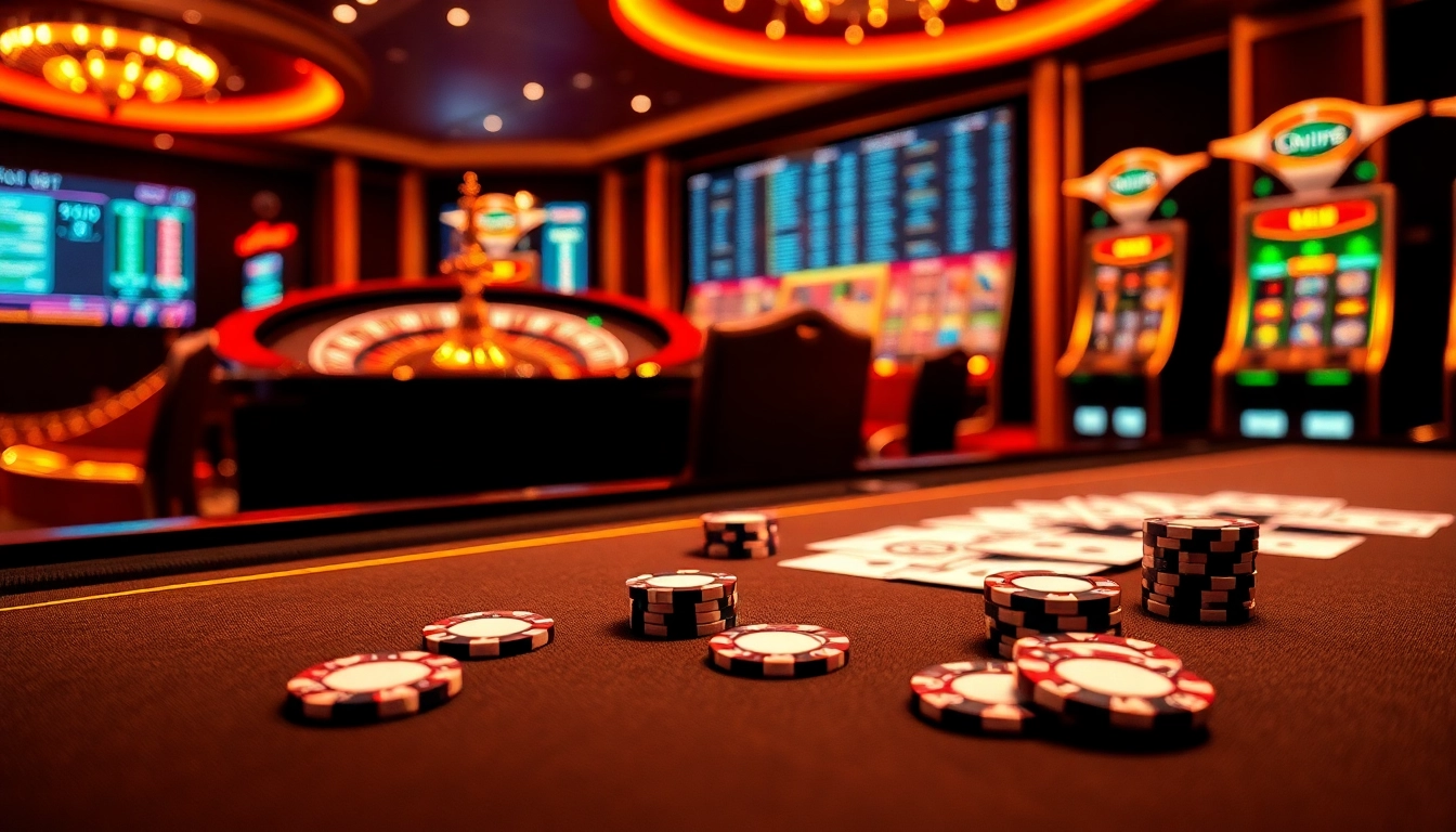 Experience excitement at Ee88 with vibrant casino gaming visuals showcasing poker, roulette, and slot machines.